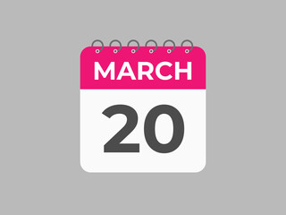 March 20 calendar reminder. 20 March daily calendar icon template. Calendar 20 March icon Design template. Vector illustration
