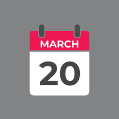 March 20 calendar reminder. 20 March daily calendar icon template. Calendar 20 March icon Design template. Vector illustration
