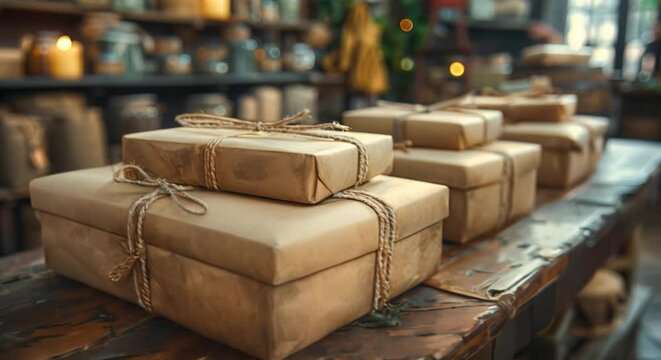 Boutique craft store packaging unique items for shipment, creative and personalized, photorealistic