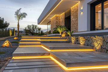 An inviting pathway leading to a modern villa, where each step is illuminated by ground lights,...