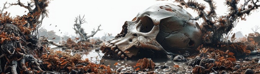 A skull is laying on the ground in a forest