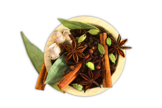 mix various spices seasoning garam masala ingredient for vegetarian or non vegetarian indian gujarati cooking curry,chai tea,cutout in transparent background,png format