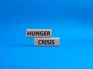 Hunger Crisis symbol. Wooden blocks with words Hunger Crisis. Beautiful blue background. Business...