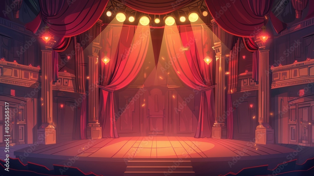 Canvas Prints Theater stage with red curtains and spotlights. Cartoon modern illustration of concert hall interior with wooden scene illuminated with beams of light, columns, and luxury velvet draperies. - Canvas Prints