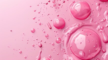 Water drops on pink background, horizontal backdrop with scatter spherical bubbles, wet liquid texture. Template for beauty product, skincare cosmetic production. Realistic 3D modern ads design.