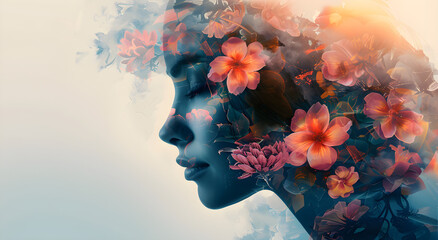 A double exposure illustration featuring a woman's profile overlaid with flowers, symbolizing mental health awareness and empowerment, perfect for Women's Day and mental wellness campaigns.