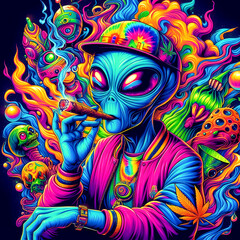 digital art vibrant colorful psychedelic cool hiphop alien smoking a blunt