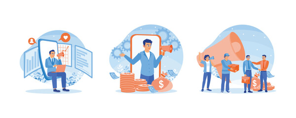 Affiliate partnerships. Man talking on a megaphone. invite friends to partner in business and get prizes. Job referral concept. Set flat vector illustration.