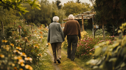 Fototapeta premium An elderly couple holding hands while strolling through a blooming garden
