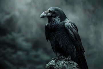 Fototapeta premium An evocative portrait of a raven perched on a rock against a rainy backdrop