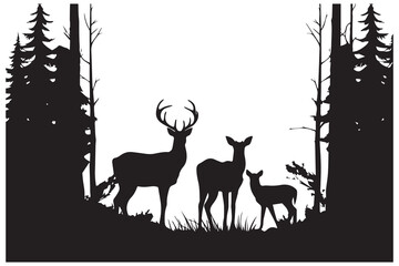 Black silhouette Vector forest and sum deer and bird white background