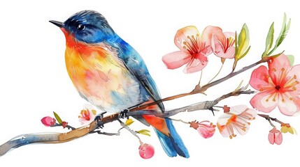 A charming watercolor painting of a colorful bird perched on a blooming branch, Clipart minimal watercolor isolated on white background