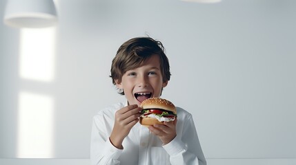 The image shows a boy eating a hamburger The topic could beA boy