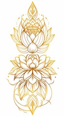 Gold colored lotus flowers and leaves against a white background, embodying purity and enlightenment
