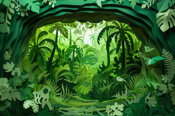 An intricate paper cut art piece celebrating the beauty of rainforests, with layers of green paper creating a dense canopy effect, under which paper cut wildlife and flora thrive, 