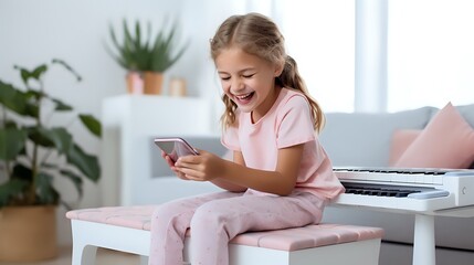 Child laughing while looking at her phone
