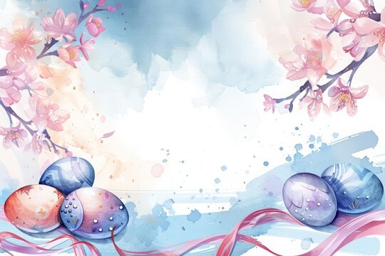 A creative watercolor template features pastel Easter eggs and ribbons in a playful arrangement that breathes life into spring celebrations