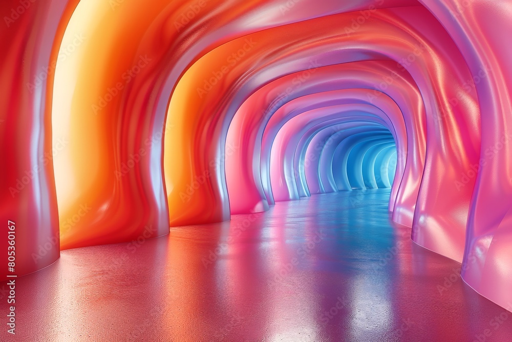 Poster a captivating image of a colorful tunnel with a sense of depth and a futuristic archway design that 