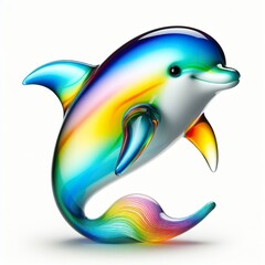 A stunning blown glass sculpture of a playful, cute dolphin with seamlessly blended rainbow colors, white background