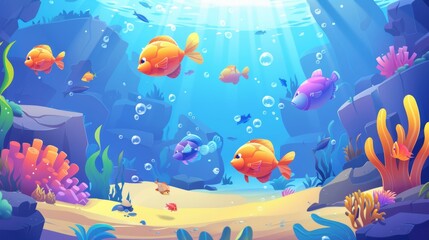 Illustration of marine life in an aquarium cartoon game. It depicts a deep underwater landscape of nautical fauna with bubbles. Cute fish life adventure on the seafloor.