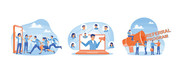 Business partnership strategy. Social media marketing. Share business information with friends. Job referral concept. Set flat vector illustration.