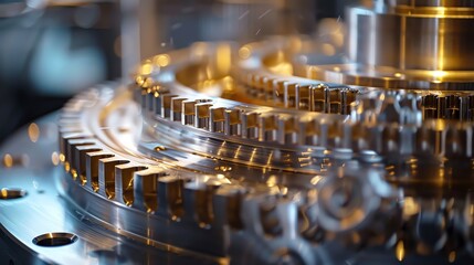 Precision cut gears, close examination, light catching on edges, engineering perfection