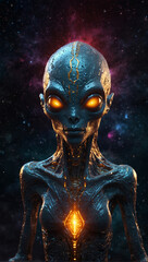 a strange space alien creature, with a golden metallic color and crystal elements 03