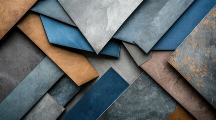 From the above arrangement of vibrant cardboard sheets in tones of blue, grey, and brown