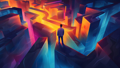 An abstract illustration of a man navigating through a labyrinth, representing the concept of challenge and uncertain journey.