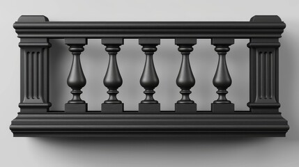 Black balcony balustrade border with pillars and flooring modern element. Roman palace marble fence with handrail isolated on a transparent background.