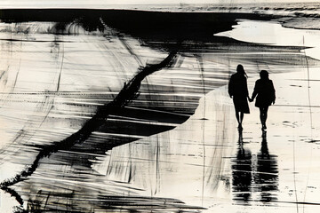 Couple walking on the beach at sunset in abstract and realistic styles. Vacation and romantic getaway concept. Design for travel posters and relationship themes