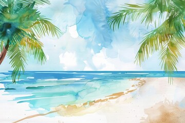 A tropical themed beach flag waves within a creative watercolor template