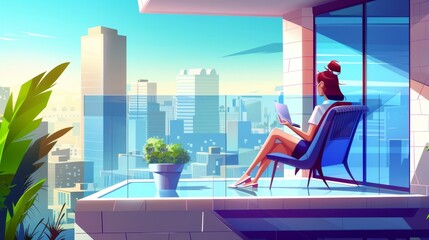 In hotel patio, a woman sits in armchair and writes a diary or book in front of a glass fence, a cityscape view of skyscrapers. Cartoon interior background of girl on building terrace. Skyscraper