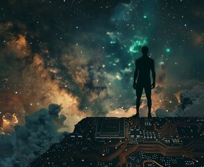A visual art piece showing the silhouette of a man set against a striking cosmic scene with stars and clouds