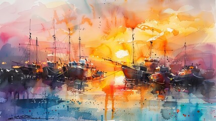 A watercolor painting captures a bustling harbor filled with boats at sunset, Clipart minimal watercolor isolated on white background