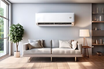 Interior with Aircondioner on the Wall, modern, sofa, plants modern living room Air conditioner on white wall in modern room with stylish grey sofa.