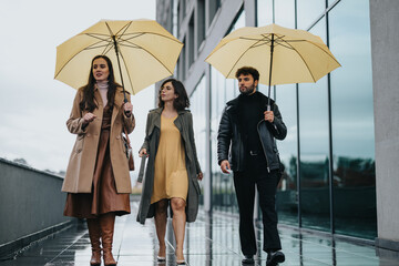 Three friends walking with yellow umbrellas on a rainy city day.