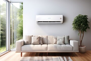 Interior with Aircondioner on the Wall, modern, sofa, plants modern living room Air conditioner on white wall in modern room with stylish grey sofa.