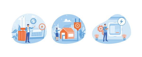 Household energy consumption. Housewife uses energy-saving devices. Power-saving devices. Energy consumption concept. Set flat vector illustration.