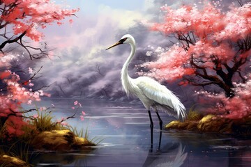 Vibrant Spring scenery crane. Flock sunset. Generate Ai