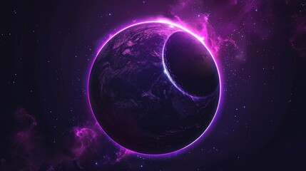 Eclipse of Earth planet with purple light on horizon abstract modern background. Sunrise flare space effect ring above dark moon. Circle edge glow with smoke and magic sparkle outer backdrop.