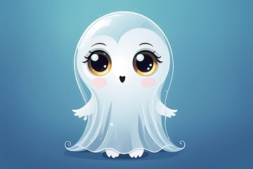 Obraz premium The character's concept entails a diminutive ghost adorned with large, translucent eyes, crafted in a children's illustration style.vector illustration of a white ghost with a big blue eyes.