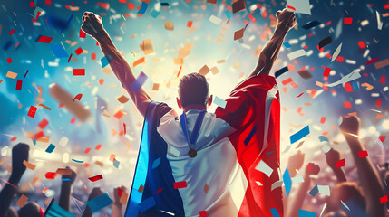 Professional athlete raise hand celebrate success with nation flag cover and falling ribbon .match competition winner. - obrazy, fototapety, plakaty