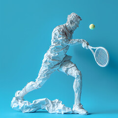 Tennis, man plays tennis, figure made of crumpled paper on blue background, sport, active, healthy lifestyle, tennis player, outdoor physical activity, creative illustration