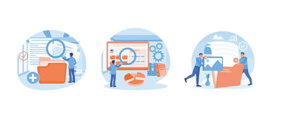 Obraz premium A male worker adds files to the main folder. Searching documents file. Search and store data info in the database. Storage concept. Set flat vector illustration.