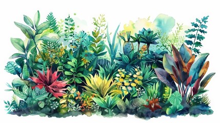 An exotic botanical garden with plants that change colors and scents is illustrated in a Kawaii creative futuristic charismatic watercolor painting