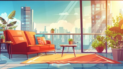 Modern image of a living room and balcony interior. Building open terrace. Cartoon concept of a studio apartment with view of an outdoor lounge. Morning in a city condo panoramic backdrop.