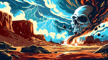 This is a whirlwind storm in a desert, with a tornado in Texas. This is a sunny desert Mexico drought terrain with boulder cliffs and skull drawings for an adventure game.