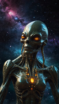 a strange space alien creature, with a golden metallic color and crystal elements 04
