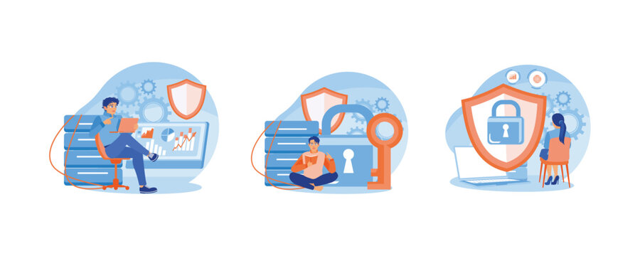 People use laptops connected to servers. Use applications that are safe from hackers. Save the file in the main folder. Database concept. Set flat vector illustration.
